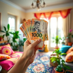 A hand holding a bundle of 100,000 Iranian tomans vertically, with a cheerful expression