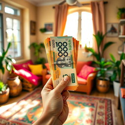 A hand holding a bundle of 100,000 Iranian tomans vertically, with a cheerful expression