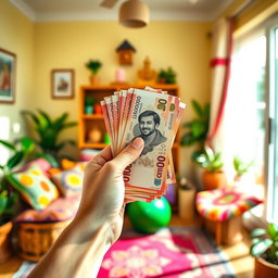 A hand holding a bundle of 100,000 Iranian tomans vertically, with a cheerful expression