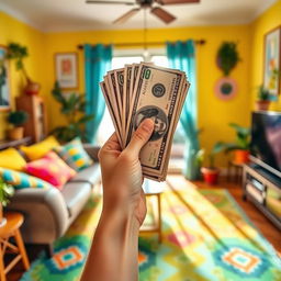 A hand holding a stack of dollars vertically, radiating a sense of excitement