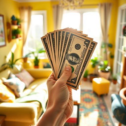A hand holding a stack of dollars vertically, radiating a sense of excitement