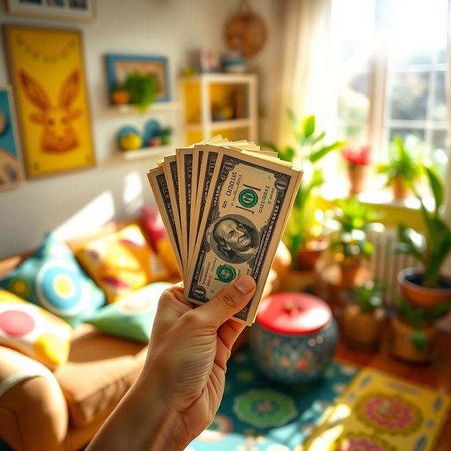 A hand holding a stack of dollars vertically, radiating a sense of excitement