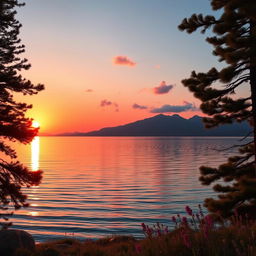 A beautifully edited photo of a serene sunset over a tranquil lake, with vibrant orange and pink hues reflecting off the water
