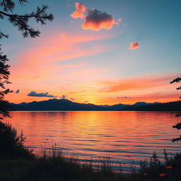 A beautifully edited photo of a serene sunset over a tranquil lake, with vibrant orange and pink hues reflecting off the water
