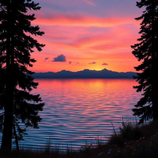 A beautifully edited photo of a serene sunset over a tranquil lake, with vibrant orange and pink hues reflecting off the water