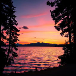A beautifully edited photo of a serene sunset over a tranquil lake, with vibrant orange and pink hues reflecting off the water