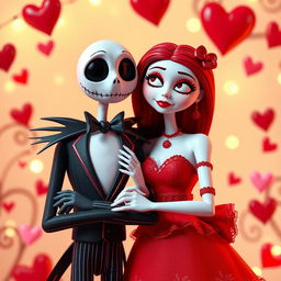 Jack and Sally from The Nightmare Before Christmas, dressed in Valentine's Day outfits, surrounded by hearts and romantic decorations