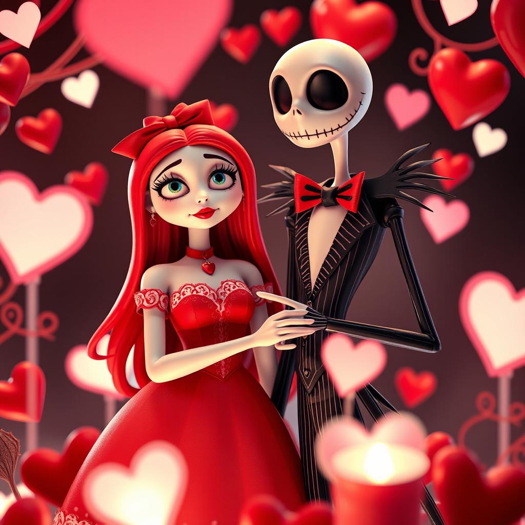 Jack and Sally from The Nightmare Before Christmas, dressed in Valentine's Day outfits, surrounded by hearts and romantic decorations