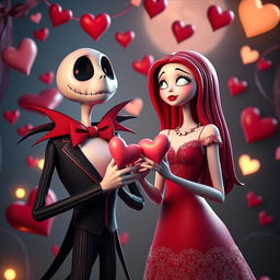 Jack and Sally from The Nightmare Before Christmas, dressed in Valentine's Day outfits, surrounded by hearts and romantic decorations