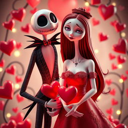 Jack and Sally from The Nightmare Before Christmas, dressed in Valentine's Day outfits, surrounded by hearts and romantic decorations