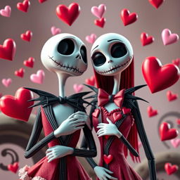 Jack and Sally from The Nightmare Before Christmas, dressed in Valentine's Day attire