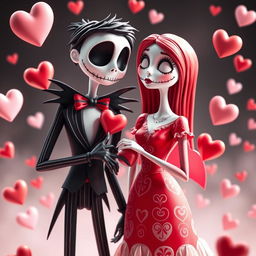 Jack and Sally from The Nightmare Before Christmas, dressed in Valentine's Day attire
