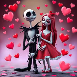 Jack and Sally from The Nightmare Before Christmas, dressed in Valentine's Day attire