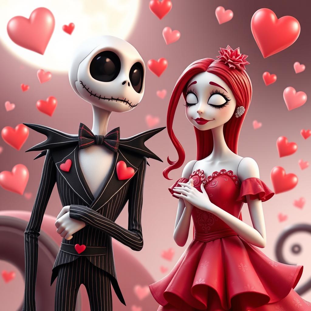 Jack and Sally from The Nightmare Before Christmas, dressed in Valentine's Day attire