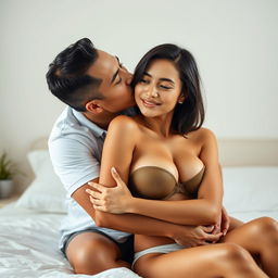 A 39-year-old Indonesian man with pure white skin is affectionately hugging a beautiful 28-year-old woman from behind, kissing her cheek