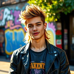 A confident young man with a stylish mullet haircut, standing in a vibrant urban environment
