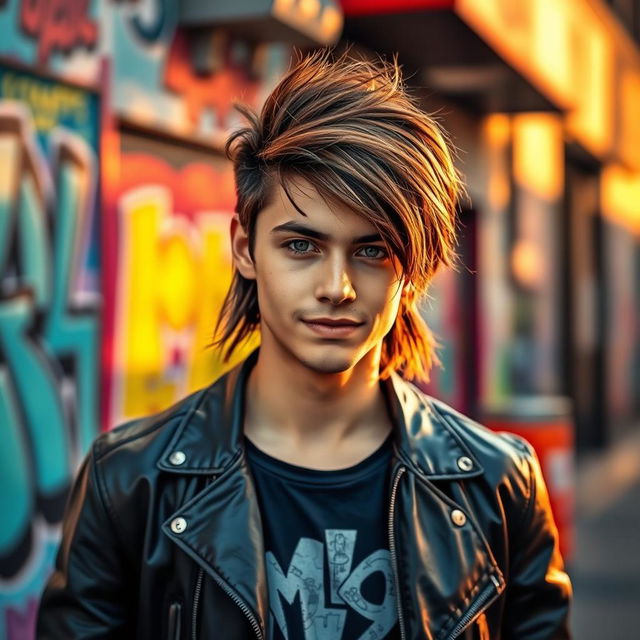 A confident young man with a stylish mullet haircut, standing in a vibrant urban environment