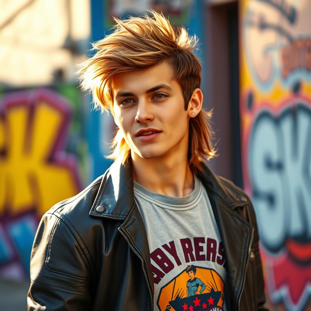 A confident young man with a stylish mullet haircut, standing in a vibrant urban environment