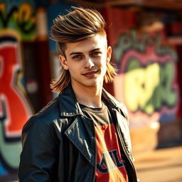 A confident young man with a stylish mullet haircut, standing in a vibrant urban environment