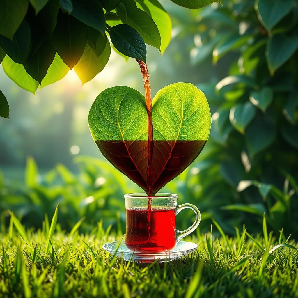 A surreal and creative image of a heart-shaped green tea leaf gracefully pouring red tea into a traditional tea glass