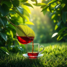 A surreal and creative image of a heart-shaped green tea leaf gracefully pouring red tea into a traditional tea glass