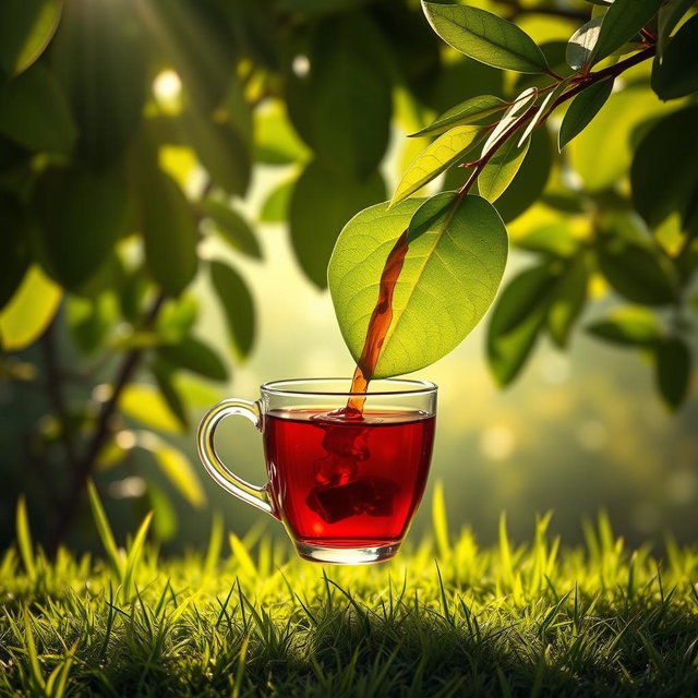 A surreal and creative image of a heart-shaped green tea leaf gracefully pouring red tea into a traditional tea glass