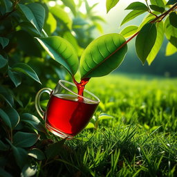 A surreal and creative image of a heart-shaped green tea leaf gracefully pouring red tea into a traditional tea glass