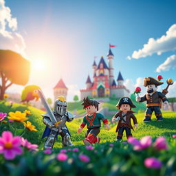 A dynamic scene set in the vibrant universe of Roblox, showcasing colorful avatars exploring a fantastical landscape