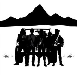 A minimalist black-and-white illustration depicting four silhouetted figures standing in front of a Jeep