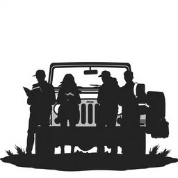 A minimalist black-and-white illustration depicting four silhouetted figures standing in front of a Jeep