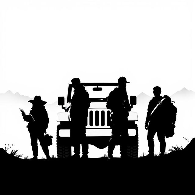 A minimalist black-and-white illustration depicting four silhouetted figures standing in front of a Jeep