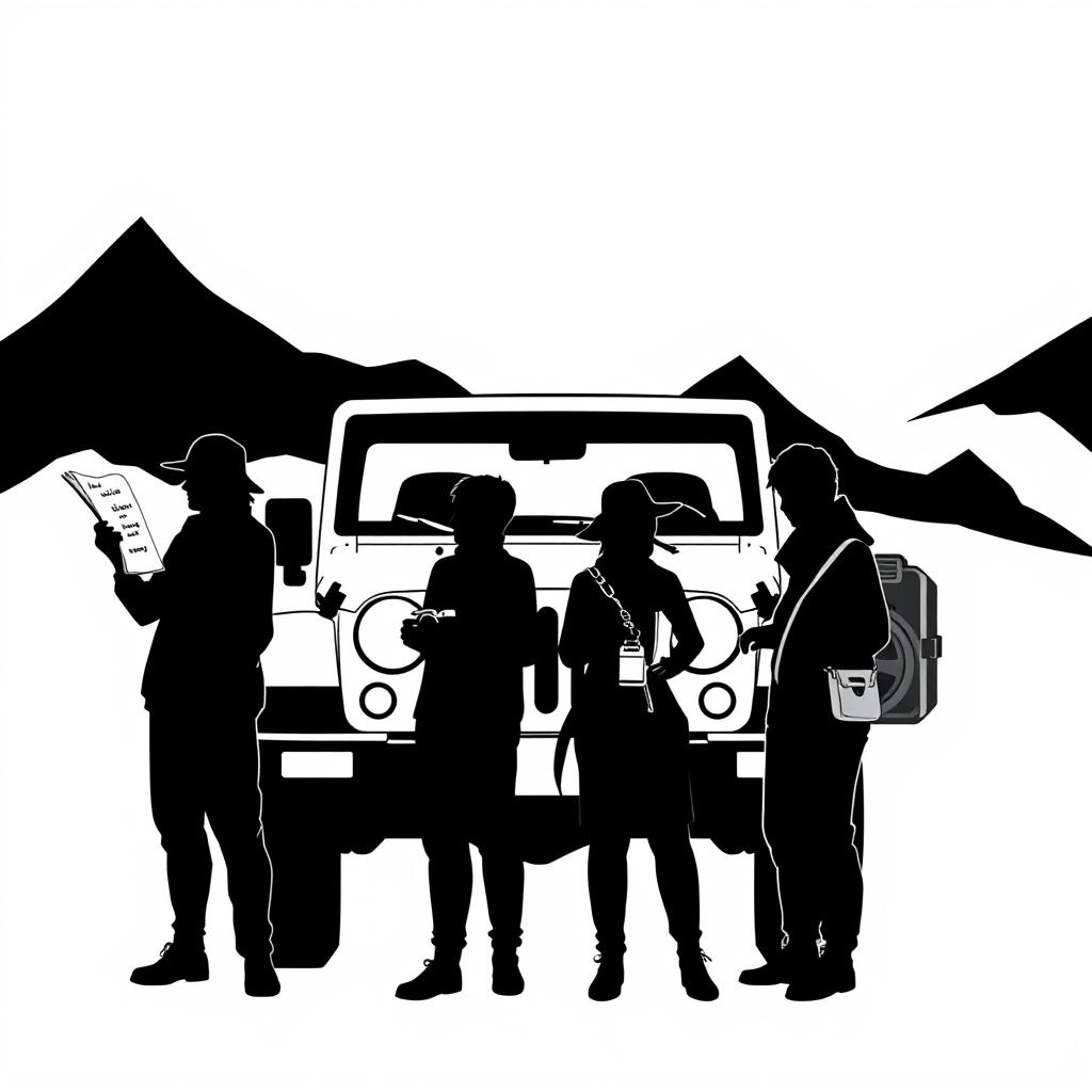 A minimalist black-and-white illustration depicting four silhouetted figures standing in front of a Jeep