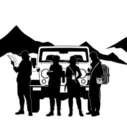 A minimalist black-and-white illustration depicting four silhouetted figures standing in front of a Jeep