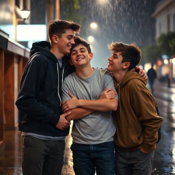 Three teenage boys, around 17 or 18 years old, hanging out together at night in the rain