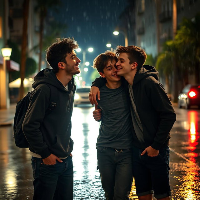 Three teenage boys, around 17 or 18 years old, hanging out together at night in the rain