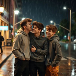 Three teenage boys, around 17 or 18 years old, hanging out together at night in the rain