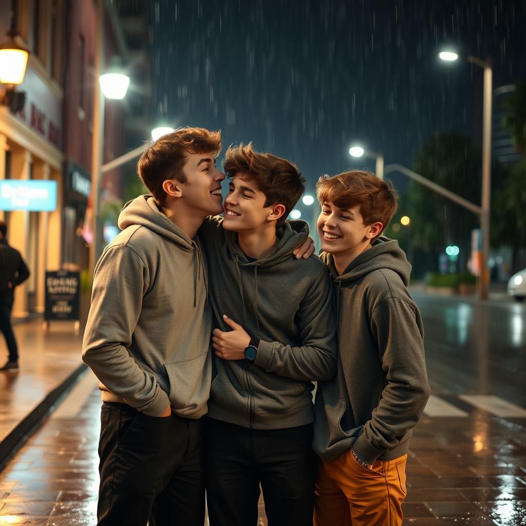 Three teenage boys, around 17 or 18 years old, hanging out together at night in the rain