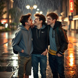 Three teenage boys, around 17 or 18 years old, hanging out together at night in the rain