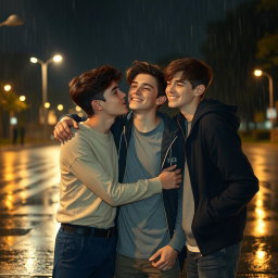 A cozy nighttime scene featuring three boys aged around 17 or 18, hanging out in the rain