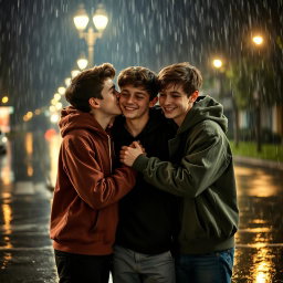 A cozy nighttime scene featuring three boys aged around 17 or 18, hanging out in the rain