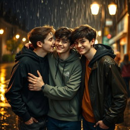 A cozy nighttime scene featuring three boys aged around 17 or 18, hanging out in the rain
