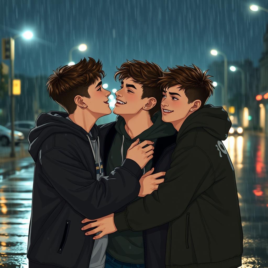 A cozy nighttime scene featuring three boys aged around 17 or 18, hanging out in the rain