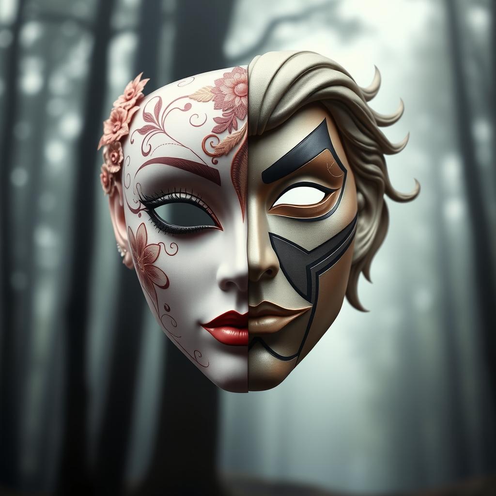 A unique and artistic representation of a mask that is half feminine and half masculine
