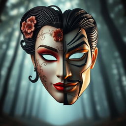 A unique and artistic representation of a mask that is half feminine and half masculine