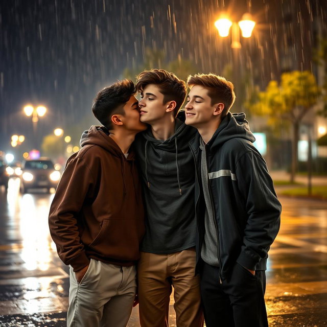 A cozy nighttime scene featuring three boys aged around 17 or 18, hanging out in the rain
