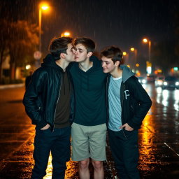 A cozy nighttime scene featuring three boys aged around 17 or 18, hanging out in the rain