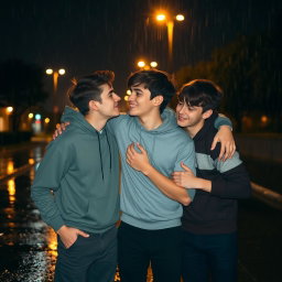 A cozy nighttime scene featuring three boys aged around 17 or 18, hanging out in the rain