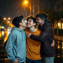 A cozy nighttime scene featuring three boys aged around 17 or 18, hanging out in the rain