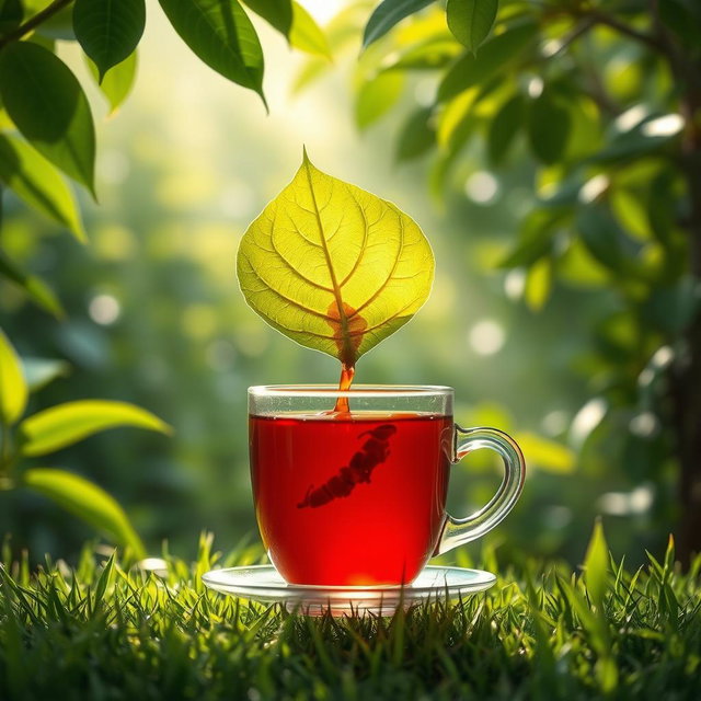 A surreal scene of a bright green tea leaf, seamlessly pouring red tea from its center into a traditional transparent tea glass