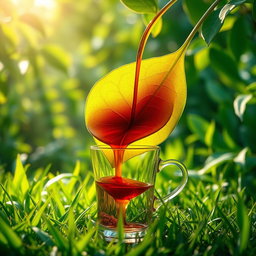 A surreal scene of a bright green tea leaf, seamlessly pouring red tea from its center into a traditional transparent tea glass